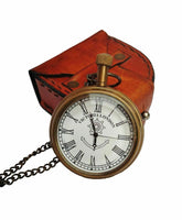 Engraved brass pocket watch with chain and leather case